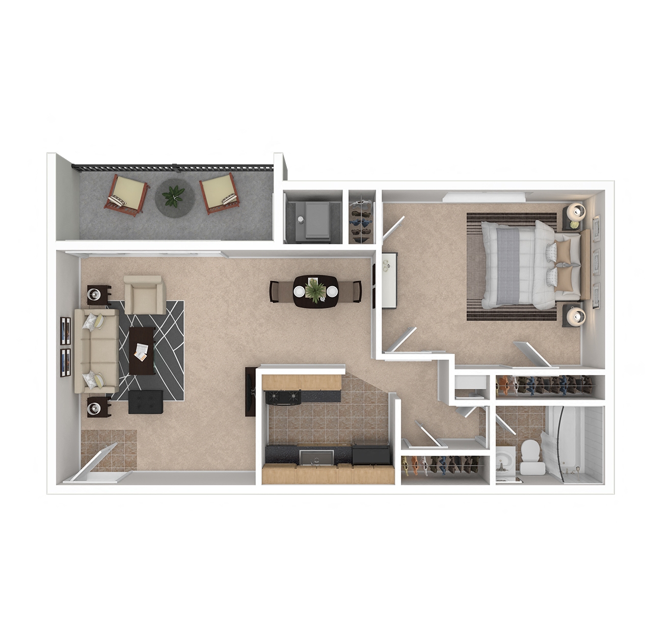 Floor plan for 1 bed, 1 bath, 740 sqft